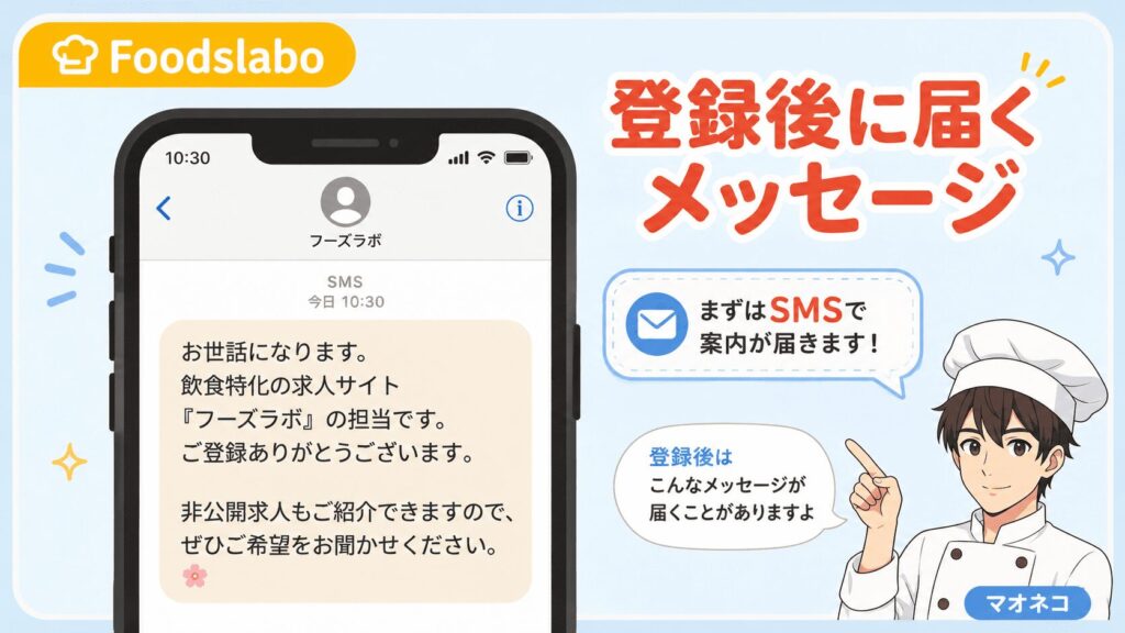 フーズラボ登録後に、担当者からくるメッセージのイメージ