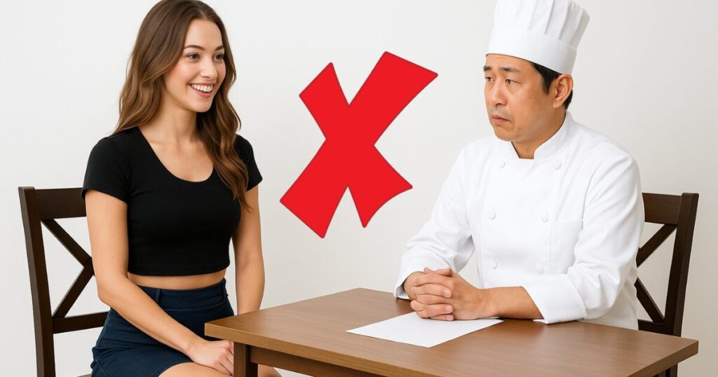 調理師の面接で避けるべき服装・身だしなみNG集
露出の高い服装の女声と面接官のシェフ