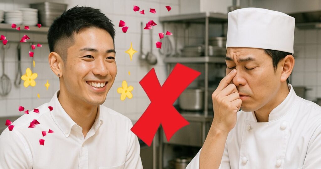 調理師の面接で避けるべき服装・身だしなみNG集
香水の香りが強すぎる男性と、キッチンで面接をするシェフ