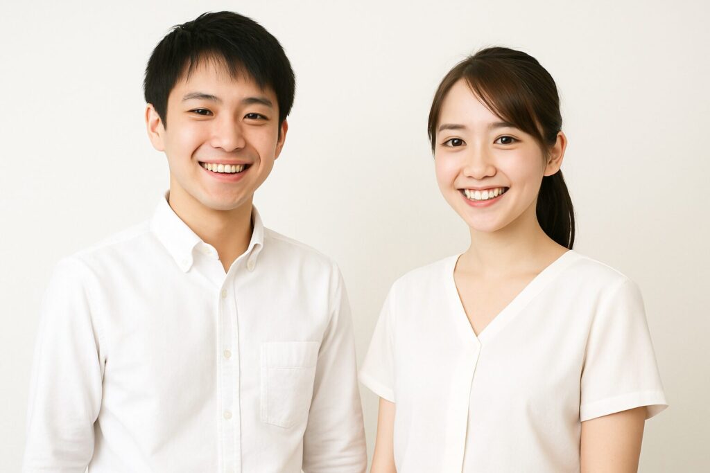 調理師の面接で、スーツがなくても印象アップできる服装例。
男女とも白のシャツに黒ズボンで間違いなし