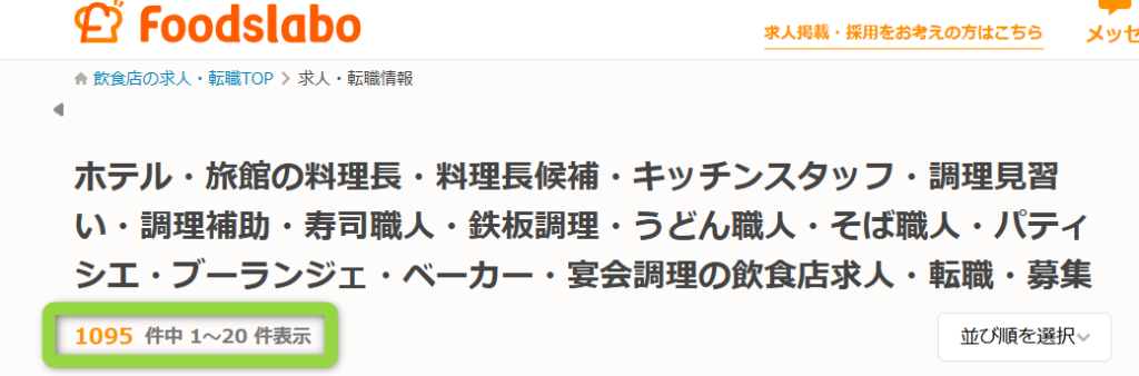 フーズラボの求人件数は40,000件以上。うちホテル・旅館の調理師求人は1,000件以上
