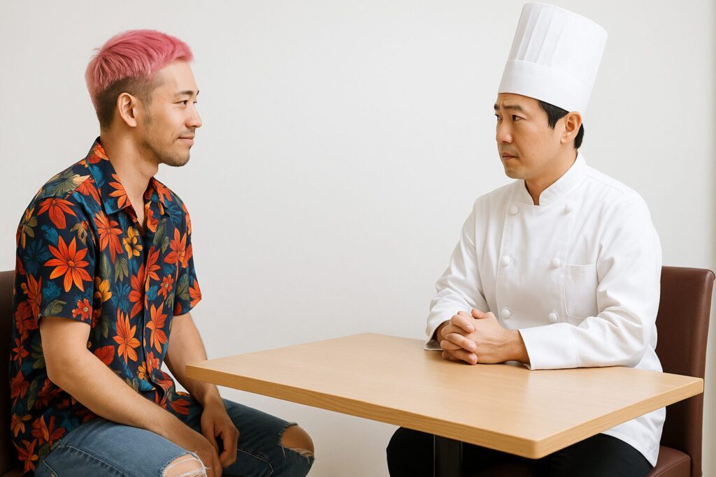 調理師の面接で避けるべき服装・身だしなみNG集。派手なシャツでダメージジーンズを履いている奇抜な男性と面接官のシェフ