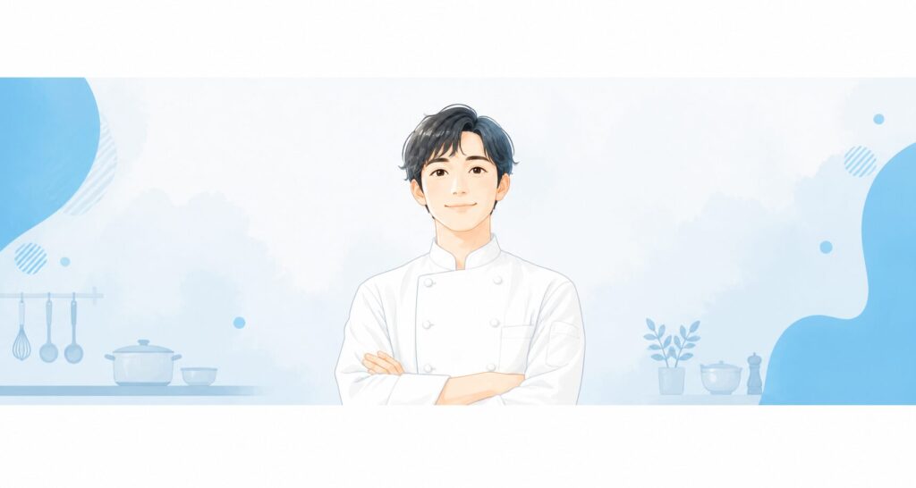 腕を組んで立つ、白いコックコートの料理人のイラスト